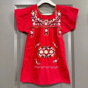 Handmade Traditional Mexican Red Floral Embroidered Toddler Girls Dress Size 2T